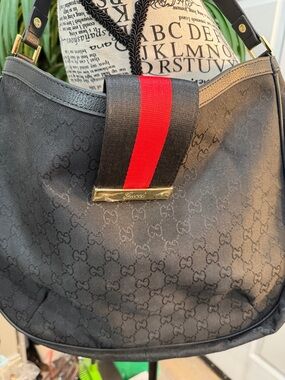 Black Canvas‎ Shoulder Bag with Red Web Stripe